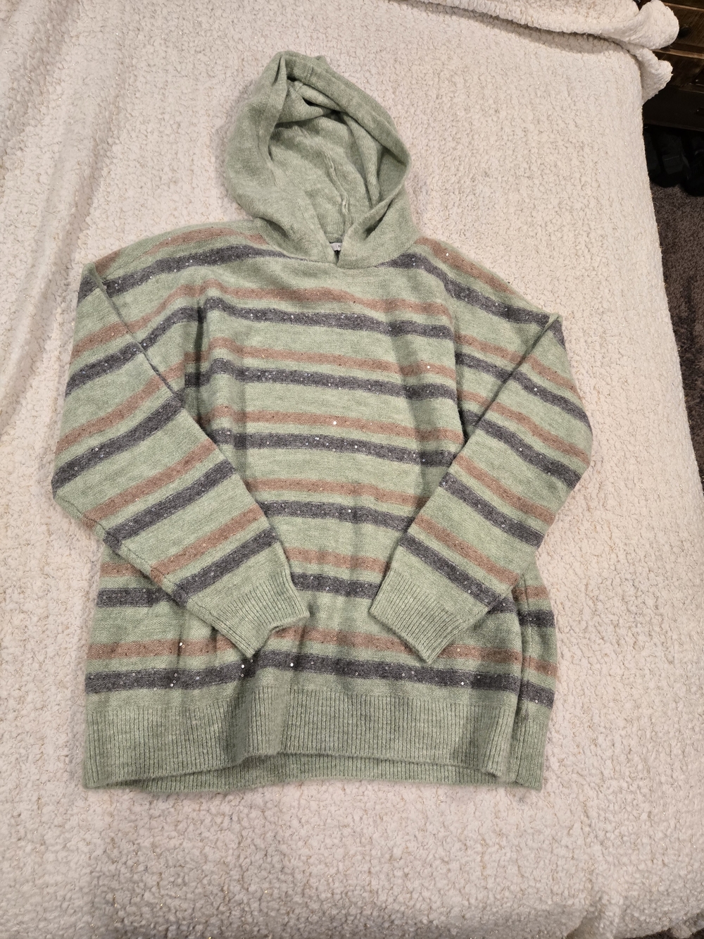 Nine West Women's Striped Hooded Sweater in Sage Green With Sequin Detail
